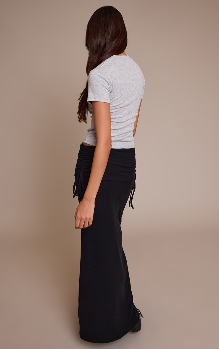 Black Brushed Rib Ruched Detail Maxi Skirt image 3