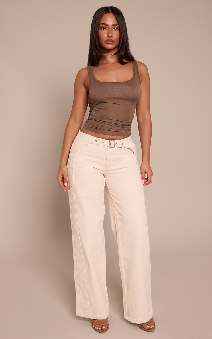 Petite Ecru Belt Panel Detail Denim Wide Leg Jeans