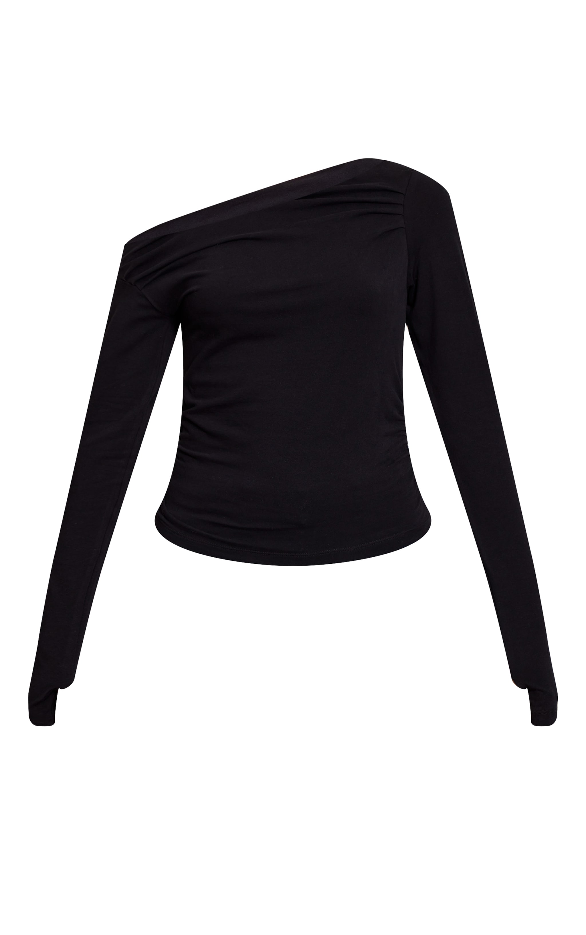 Black Soft Cotton Ruched Asymmetric Long Sleeve Top image 5