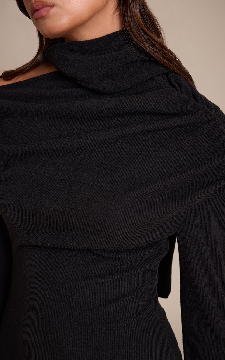 Black Brushed Rib Scarf Detail Long Sleeve Asymmetric Ruched Maxi Dress image 4