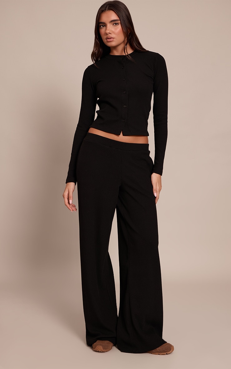 Black Rib Drawstring Low Rise Straight Leg Pant  image 1