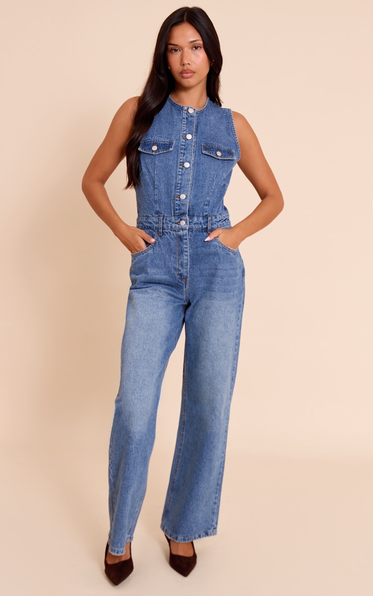 Mid Blue Wash Sleeveless Shirt Style Denim Jumpsuit image 1