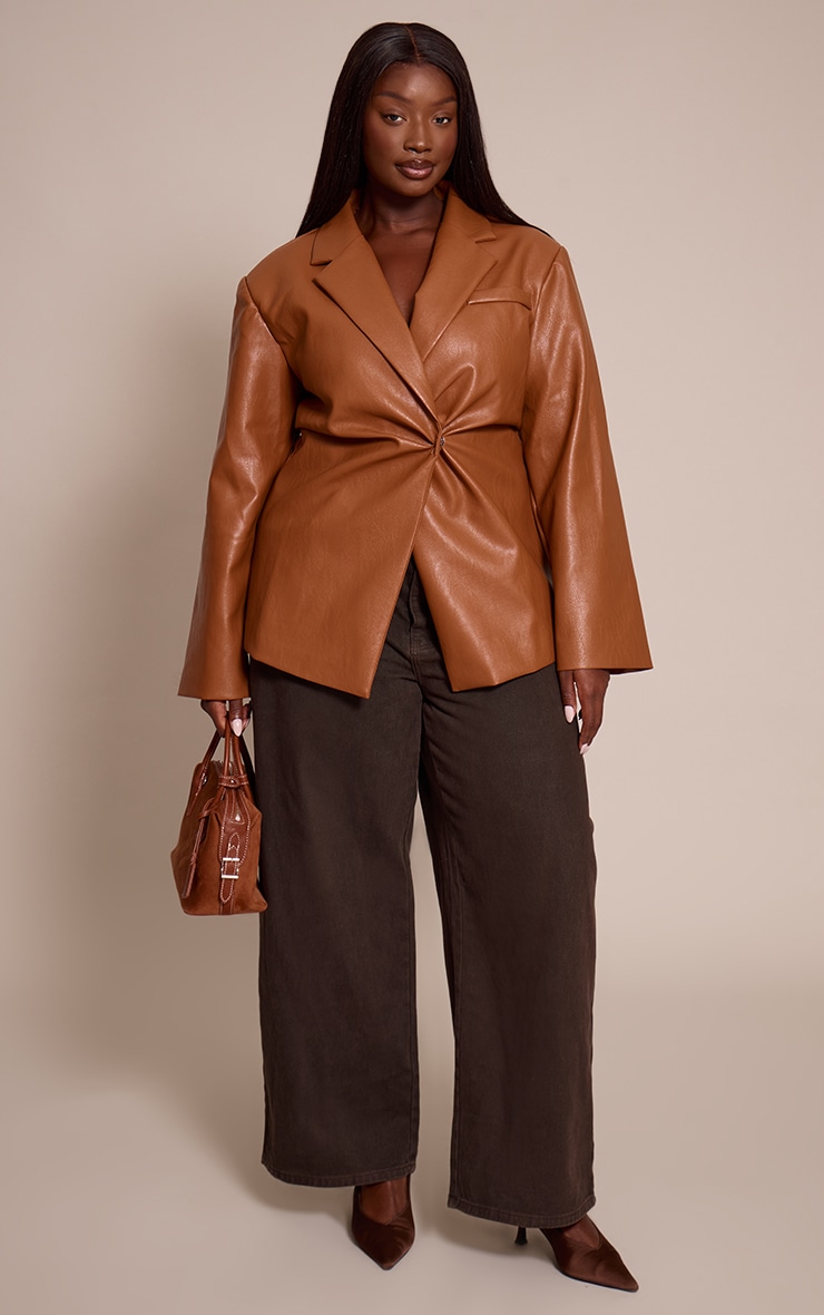 Plus Tan Faux Leather Cinch Waist Blazer image 3