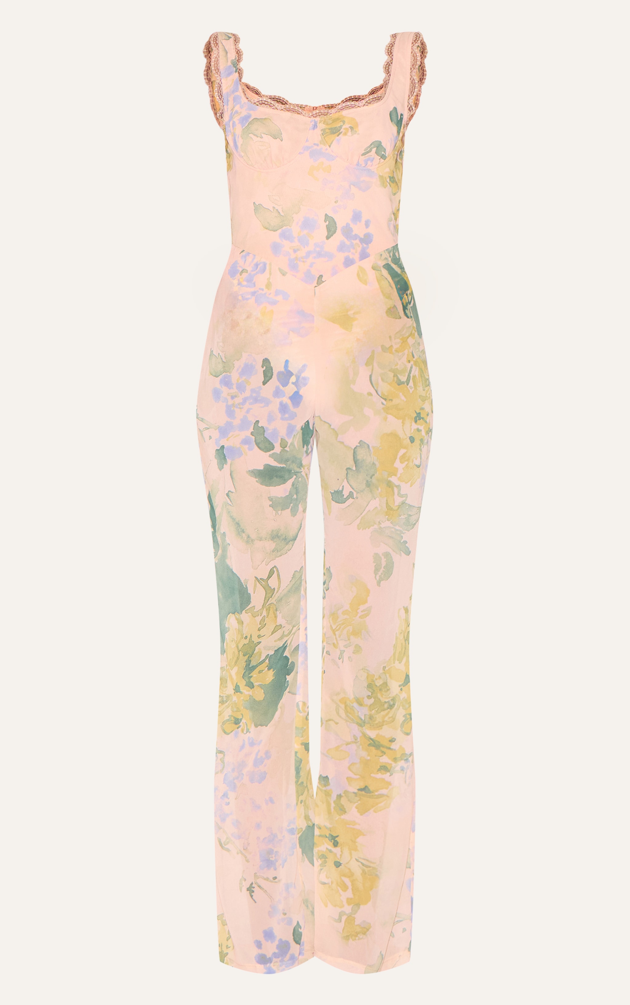 Pink Floral Printed Chiffon Corset Detail Flared Jumpsuit image 5