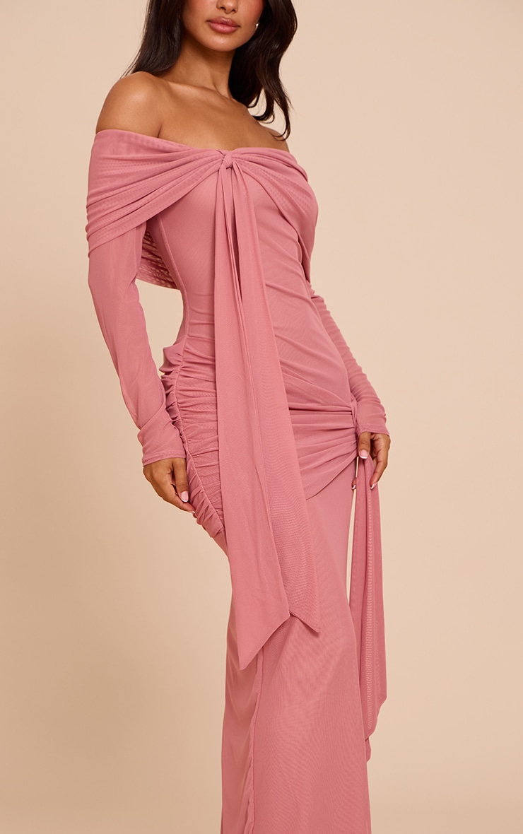Petite Deep Pink Asymmetric Long Sleeve Bardot Maxi Dress image 4
