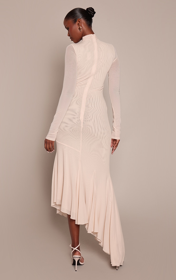 Cream Mesh Long Sleeve High Neck Ruched Maxi Dress image 2