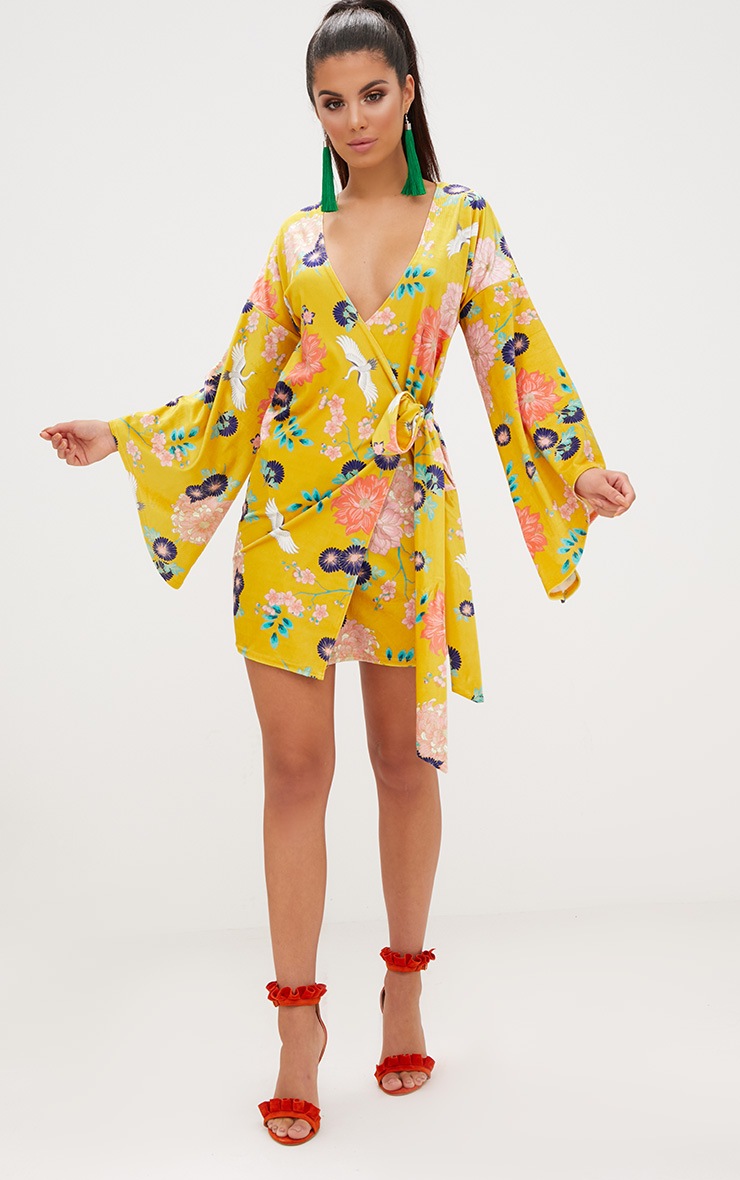 Yellow Print Velvet Wrap Dress. Dresses PrettyLittleThing