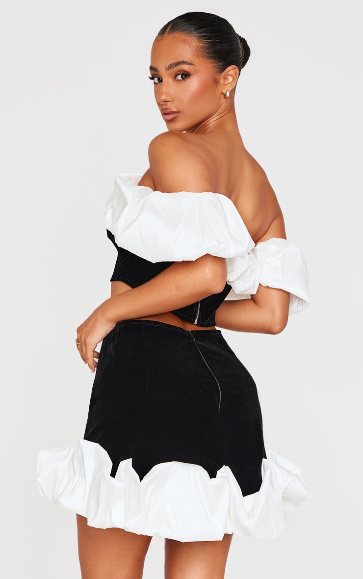 Petite Black Velvet Ruffle Detail Bardot Crop Top image 2