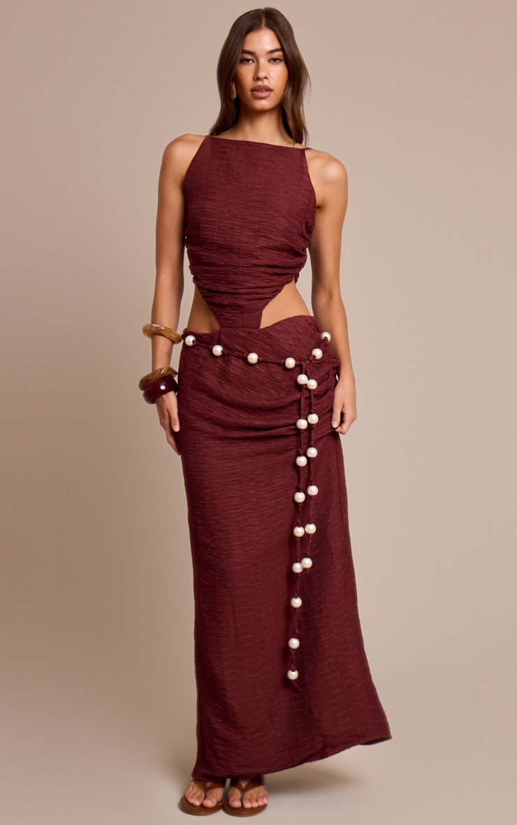 Burgundy Crinkle Textured Bead Detail Maxi Dress image 1