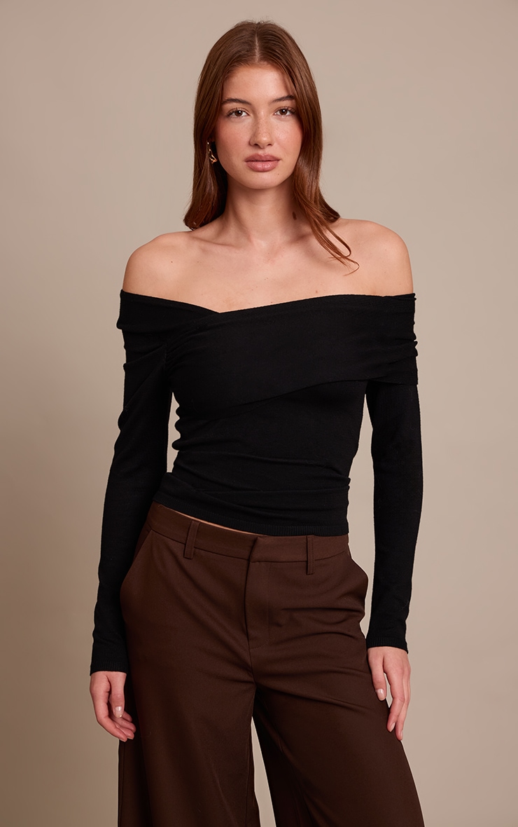Black Long Sleeve Asymmetric Shoulder Knitted Top image 1