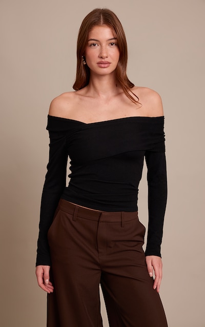 Black Long Sleeve Asymmetric Shoulder Knitted Top