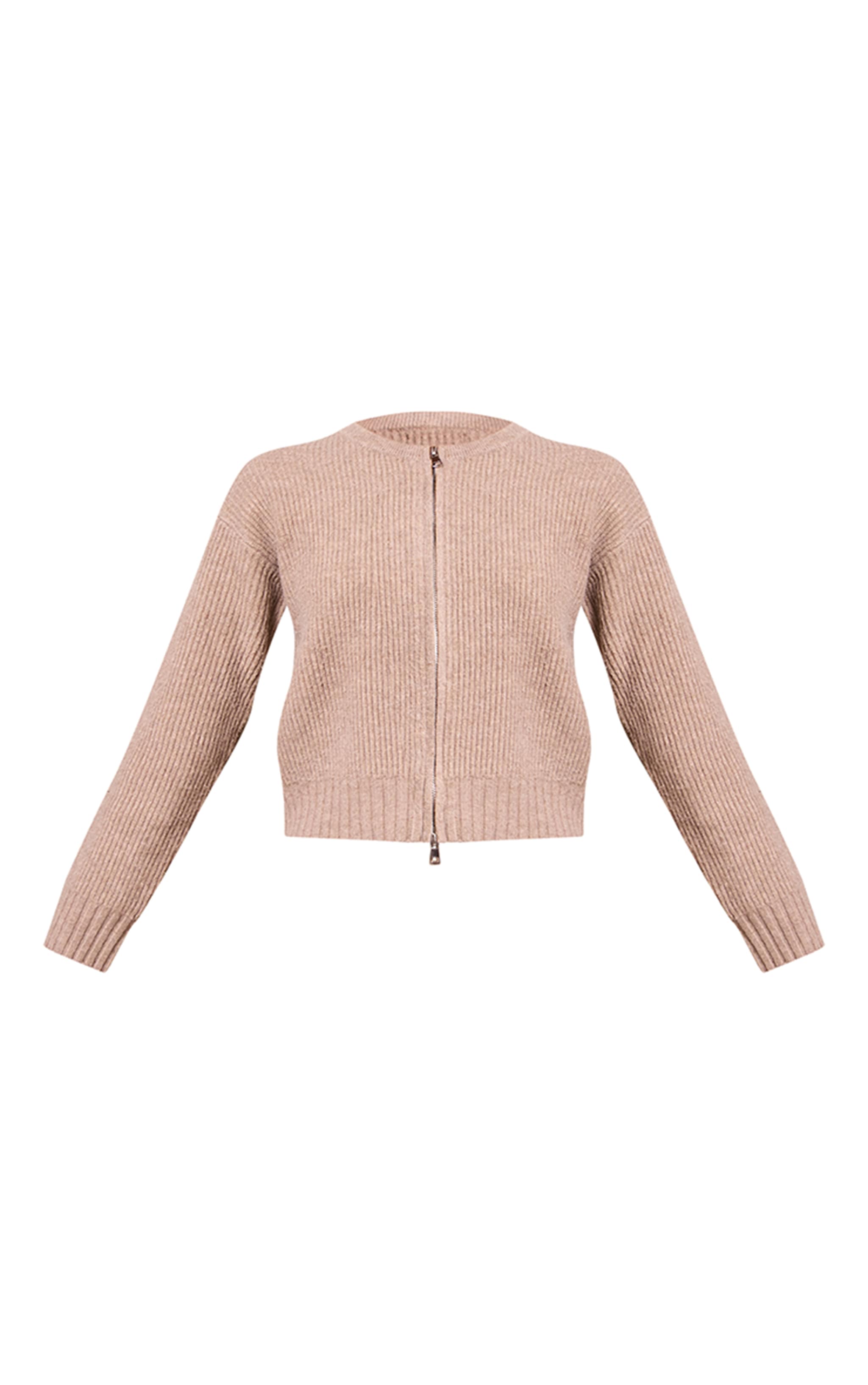 Taupe Brushed Rib Knit Zip Through Cardigan image 5