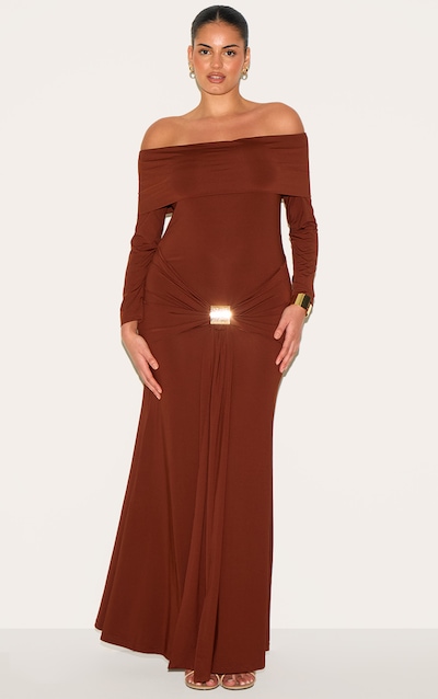 Plus Robe longue Bardot Chocolat Manches Longues Détail Drapé à Bordure