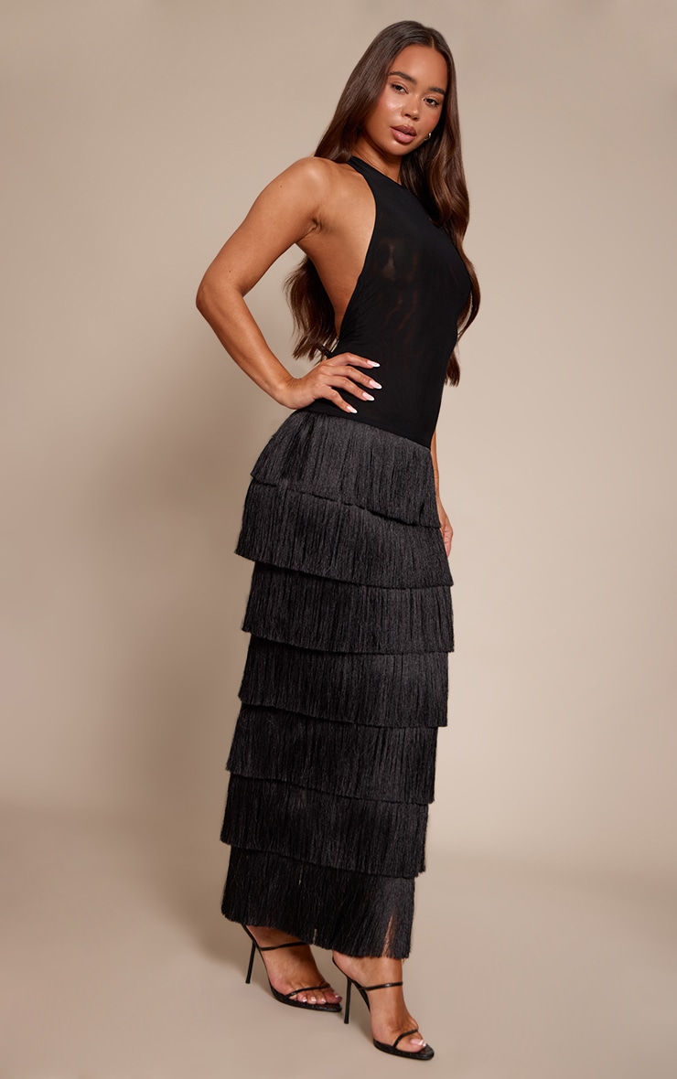 PLT Label Black Mesh Halterneck Fringe Skirt Maxi Dress image 3