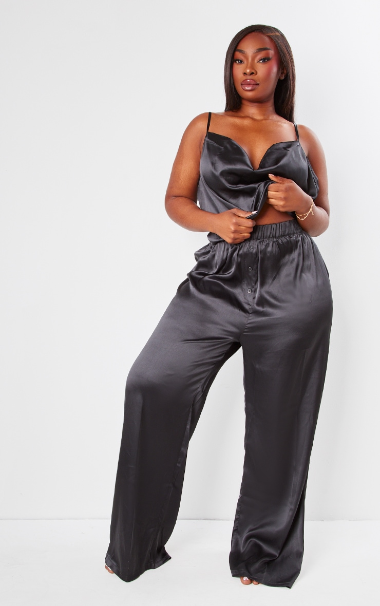 Plus Black Cowl Neck Satin Cami and Button Trouser PJ Set image 1