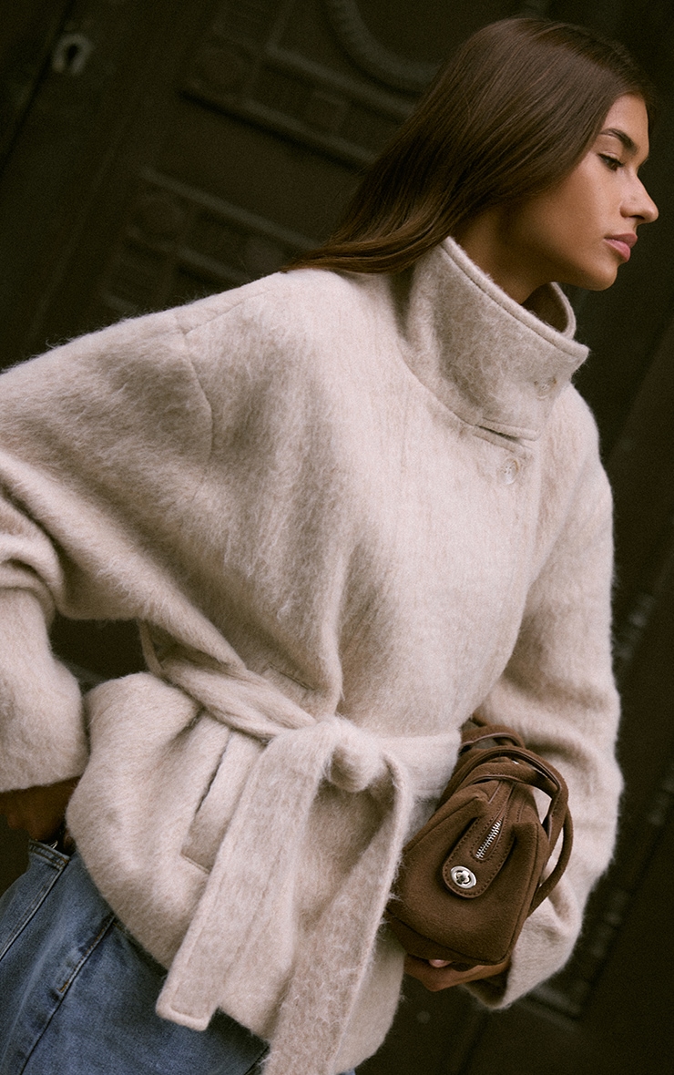 Manteau beige en faux effet laine brossé à nouer à la taille image 4