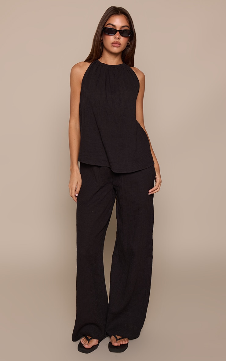 Black Textured Linen Look Wide Leg Trouser