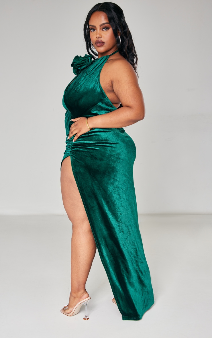 Plus Emerald Green Velvet Rose Detail Asymmetric Midi Dress image 2