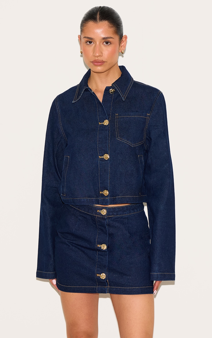 Tall Dark Indigo Button Trim Long Sleeve Denim Shirt image 1