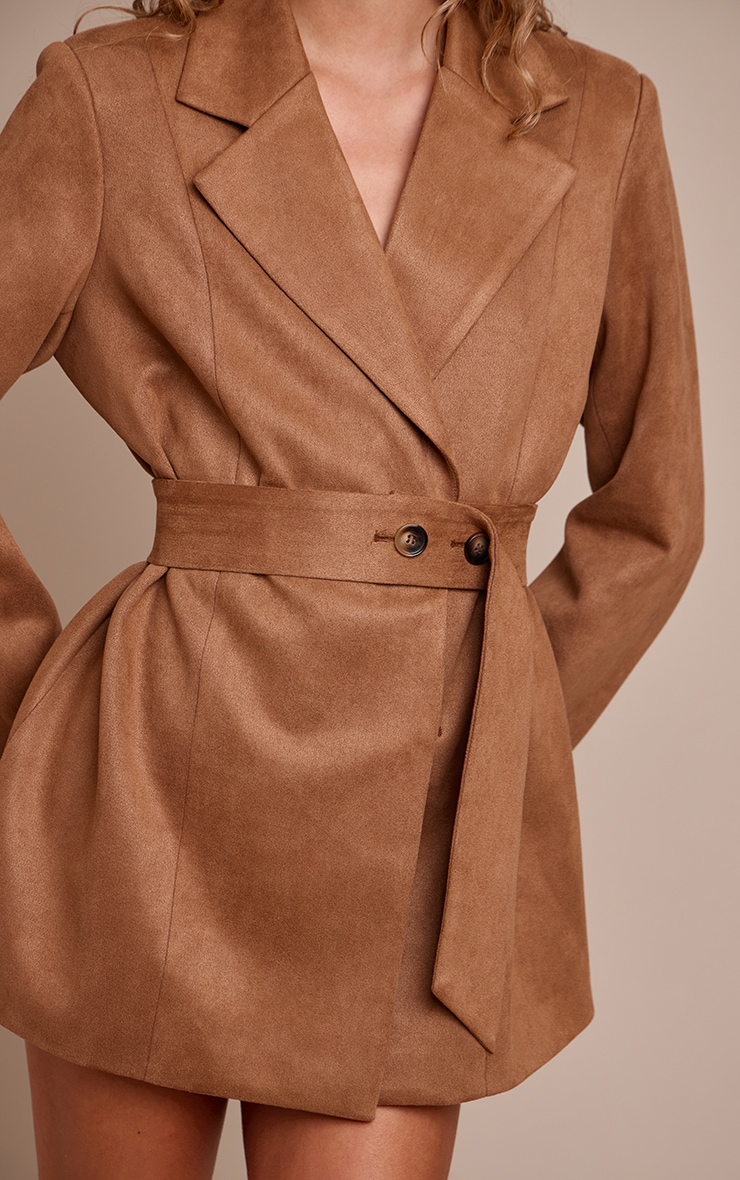 Brown Faux Suede Belt Detail Blazer Dress image 4