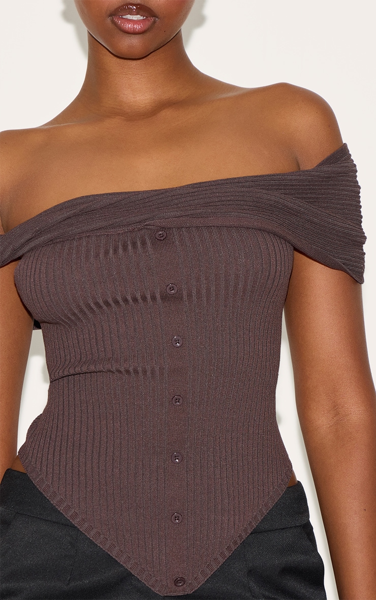 Chocolate Rib Knit Twist Bardot Button Through Top image 4