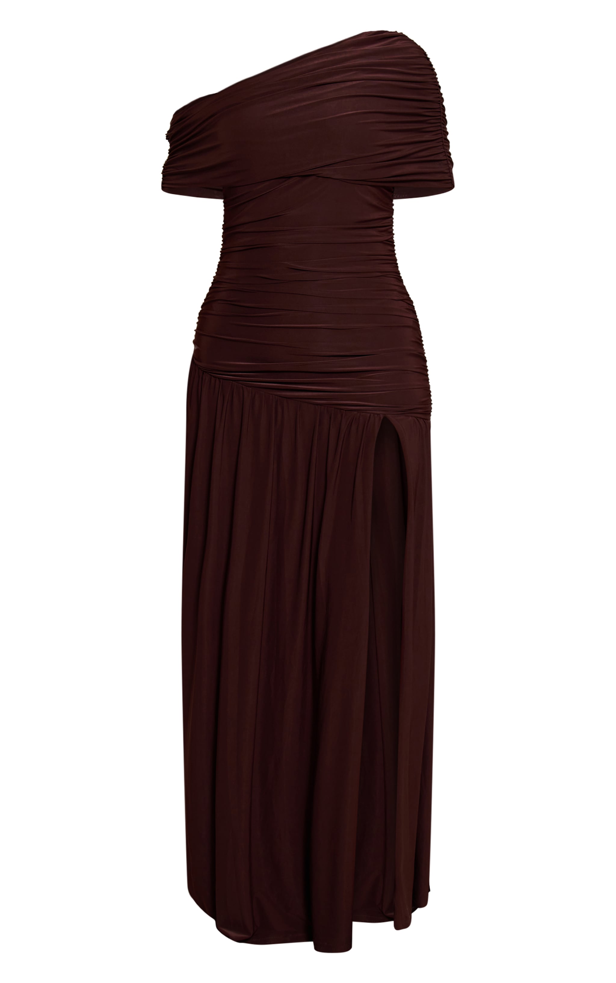 Petite Chocolate Asymmetric Side Split Bardot Maxi Dress image 5