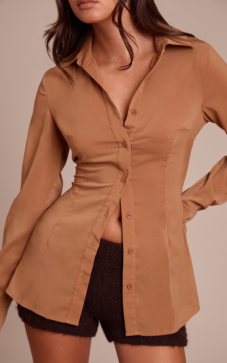 Tan Chiffon Fitted Shirt image 4
