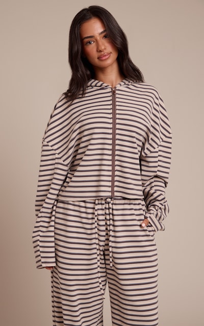 Petite Brown Striped Soft Fleece Zip Up Jacket