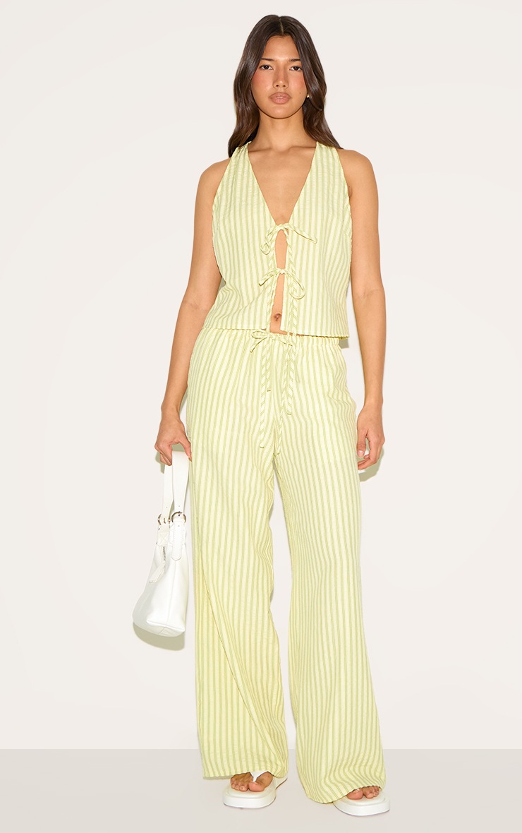 Lime Green Striped Tie Waist Straight Leg Pant