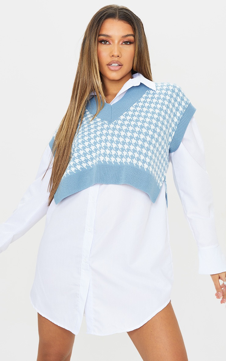 Pull sans manches court en maille pied-de-poule bleue à col en V