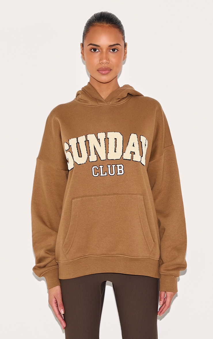 Hoodie oversize taupe à appliqué "Sunday" en imitation mouton image 1