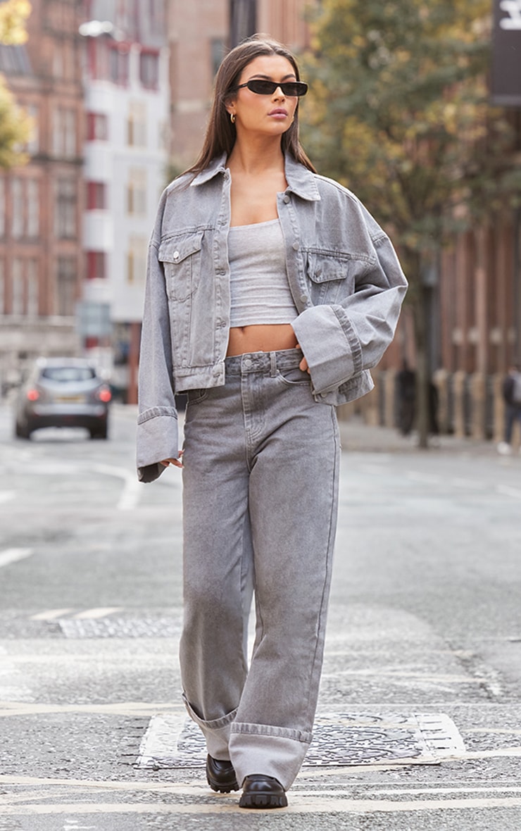Light Grey Wash Turn Up Cuff Denim Jacket image 3
