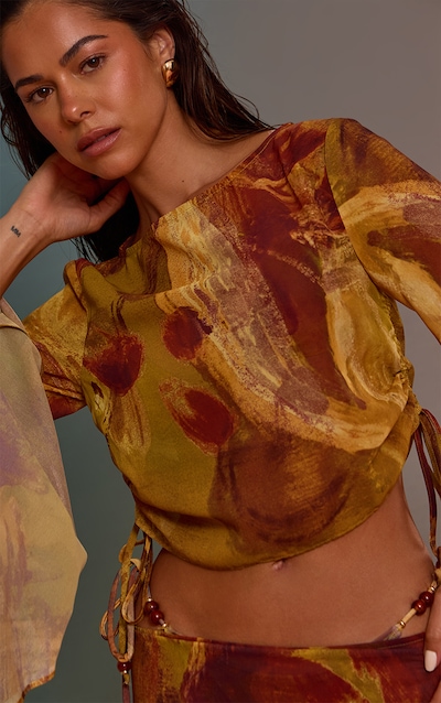 Green Abstract Print Bead Trim Chiffon Beach Top