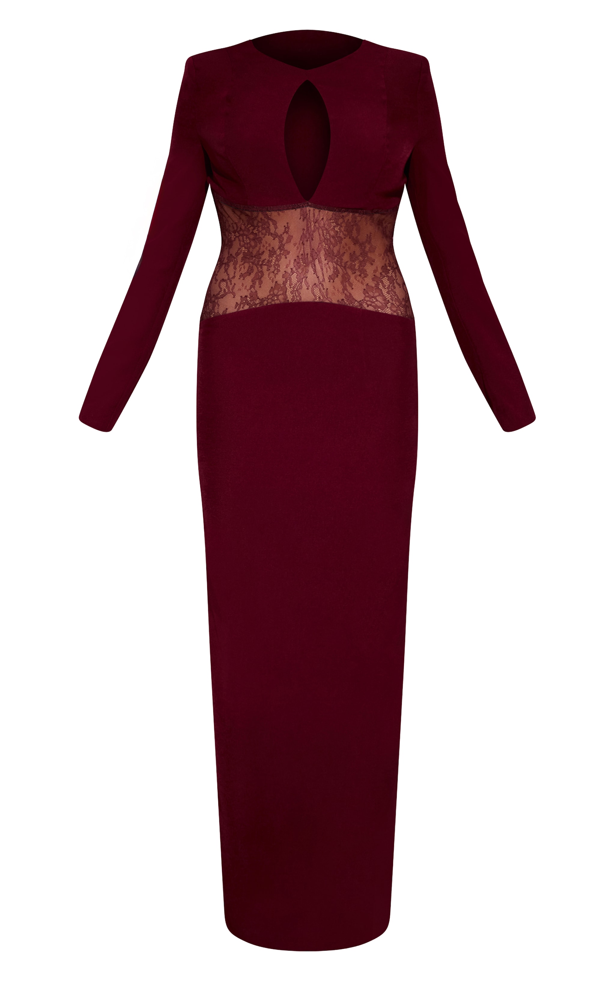 Robe longue bordeaux à empiècement en dentelle et découpe image 5