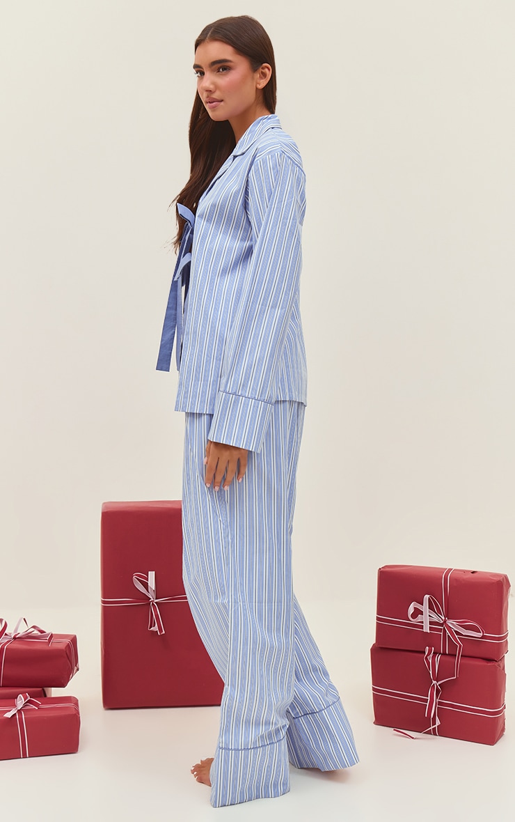 Blue Striped Bow Detail Long Pajama Set image 2