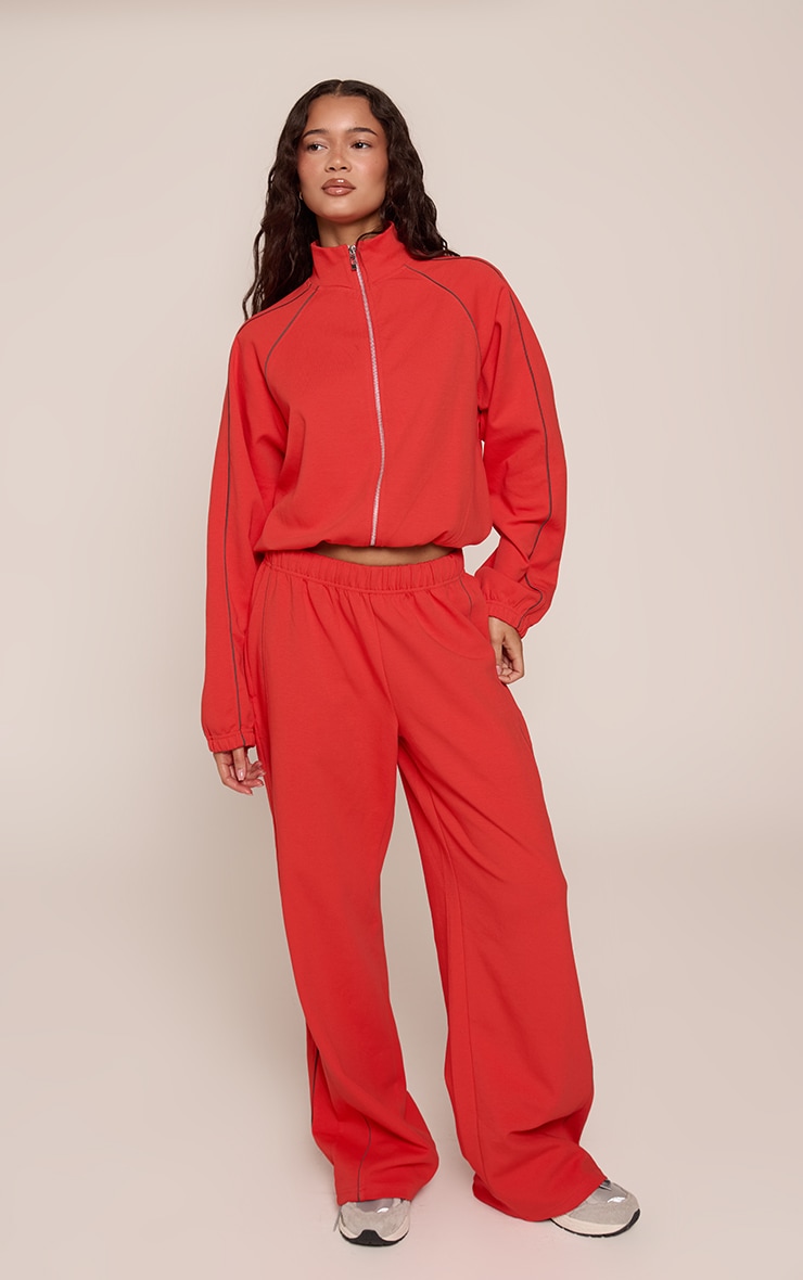 Red Interlock Contrast Piping Wide Leg Sweatpants