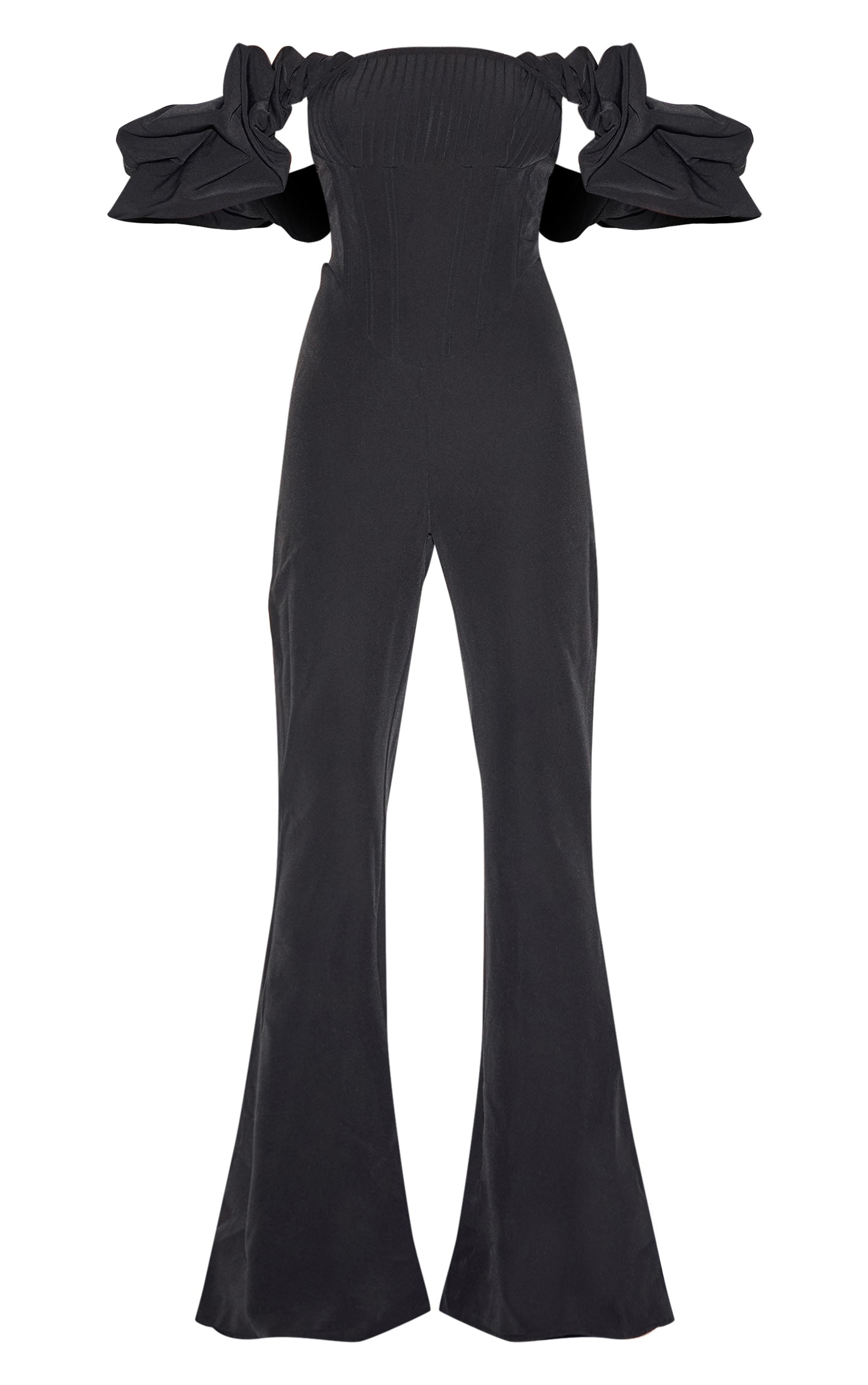 Black Woven Pleated Corset Detail Bardot Frill Jumpsuit. image 5