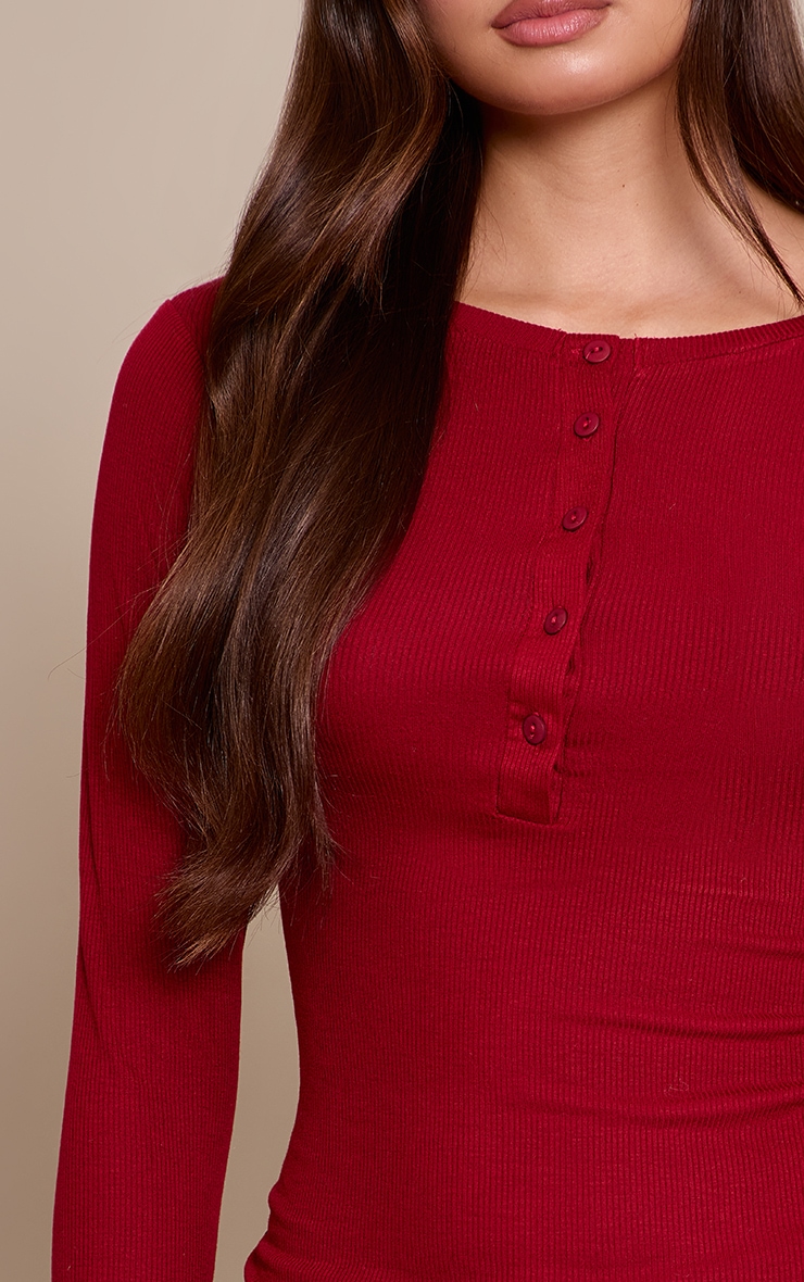 Deep Red Soft Rib Button Up Fitted Long Sleeve Top image 4