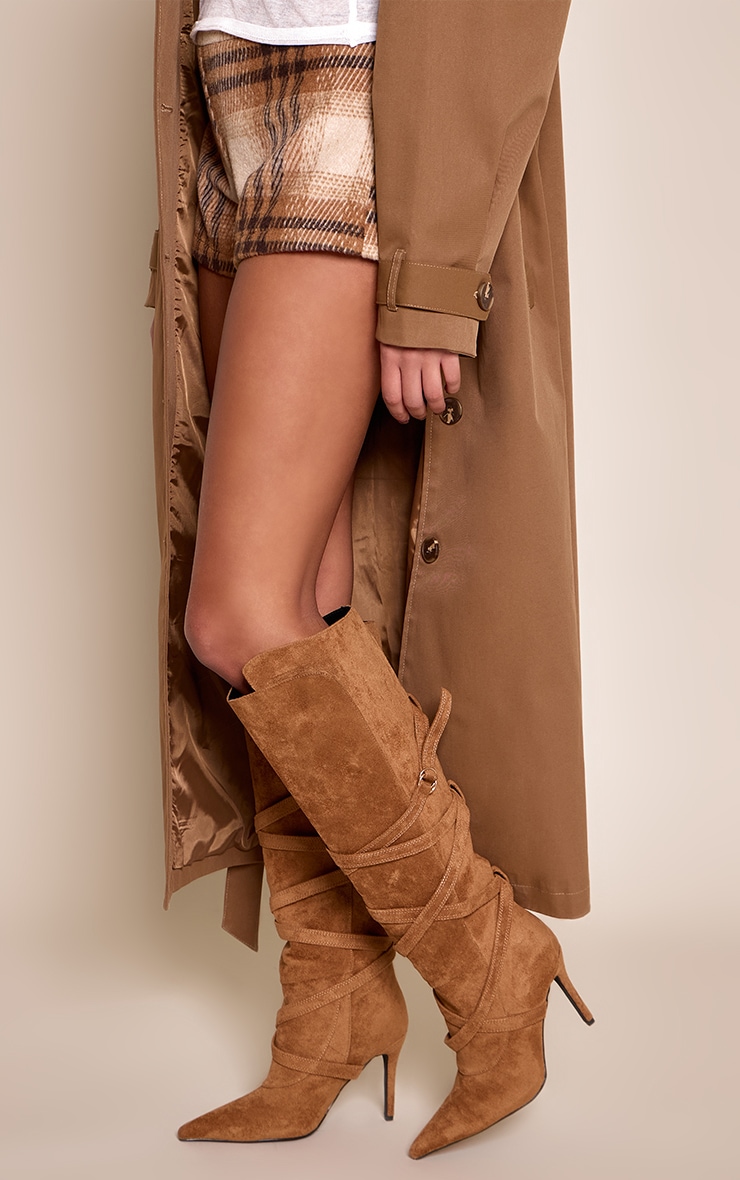 Camel Faux Suede Wrap Around Knee High Boots