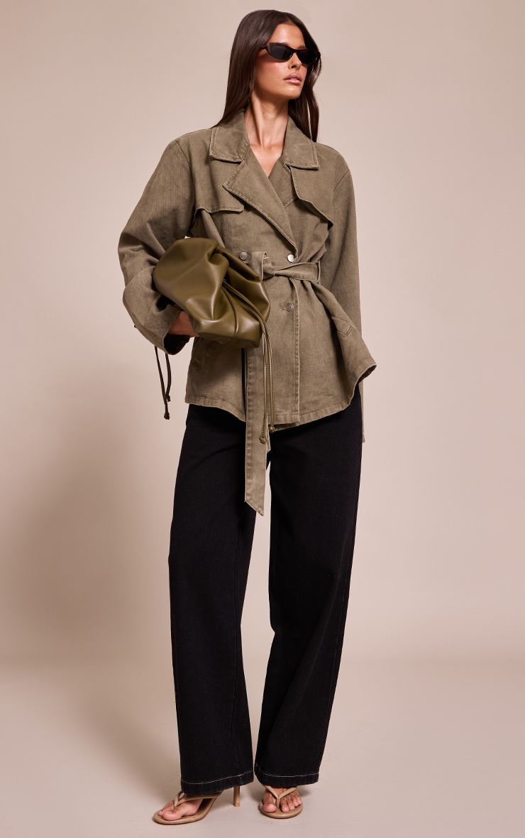 Olive Belted Cropped Denim Trench image 3