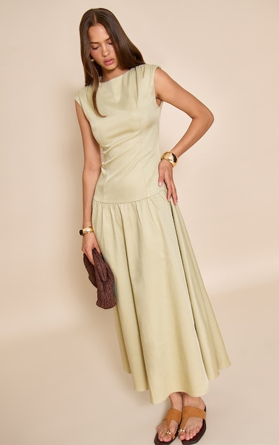 Sage Woven Boat Neck Dropped Waist Maxi Dress