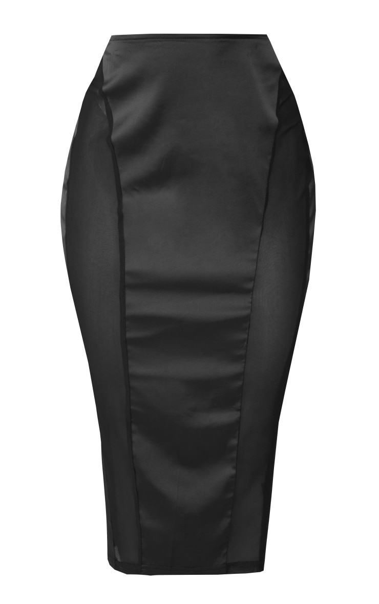 Black Satin Mesh Panelled Midi Skirt image 5