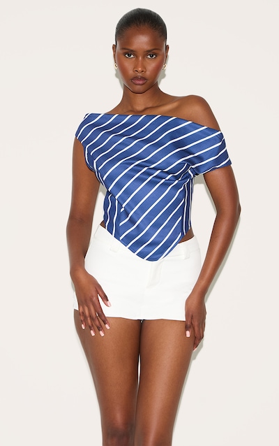Indigo Blue Striped Satin Asymmetrical Sleeveless Top