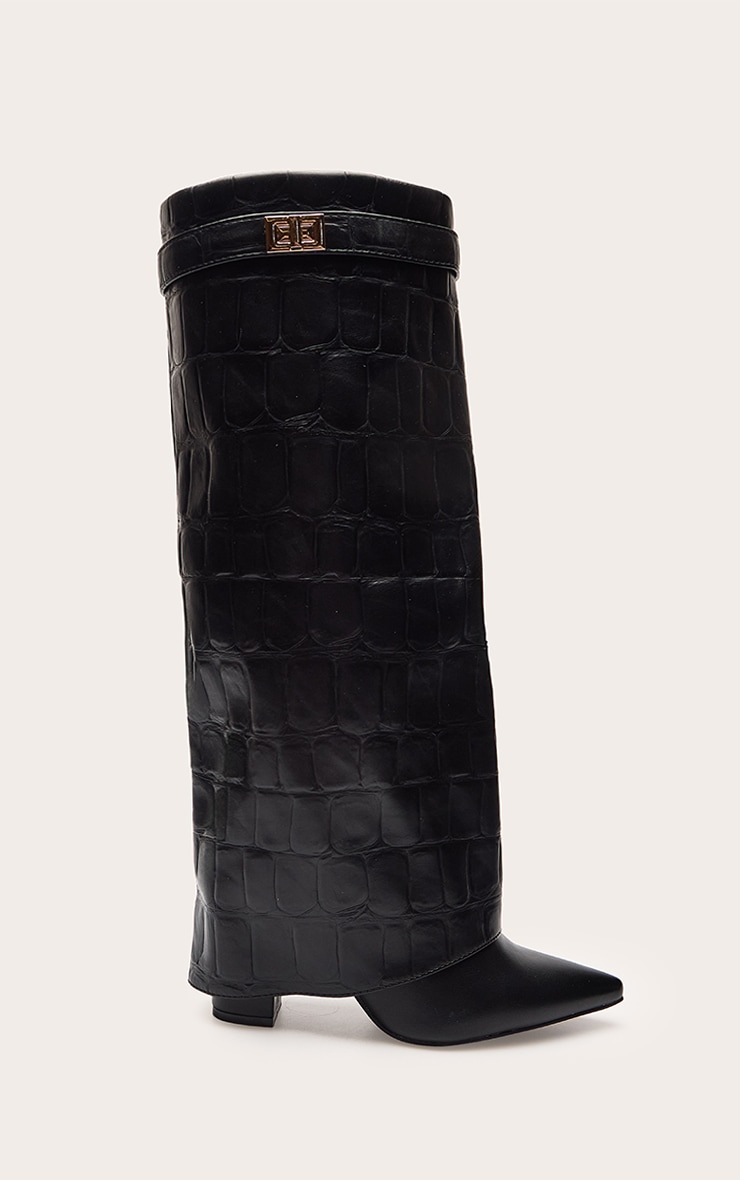 Black Croc Faux Leather Block Heel Foldover Knee High Boots image 2