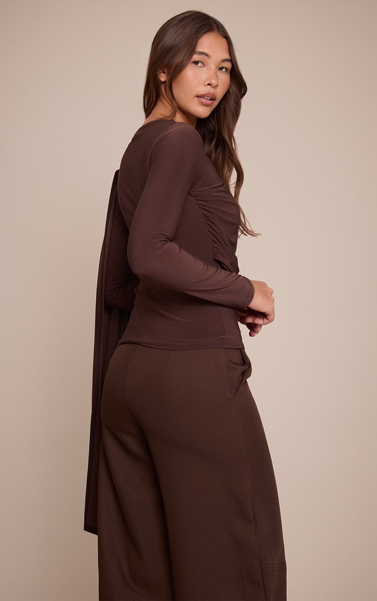 Chocolate Double Layered Extreme Drape Detail Long Sleeve Top  image 2
