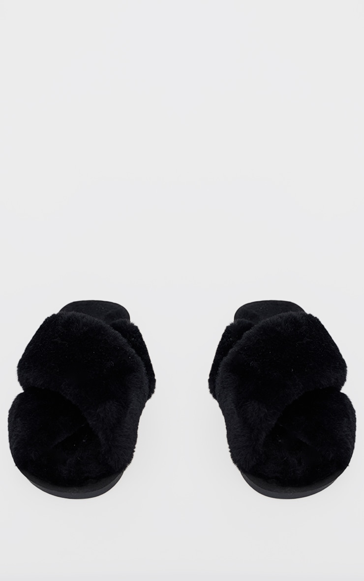 Chaussons à lanières croisées en fausse fourrure noire image 3