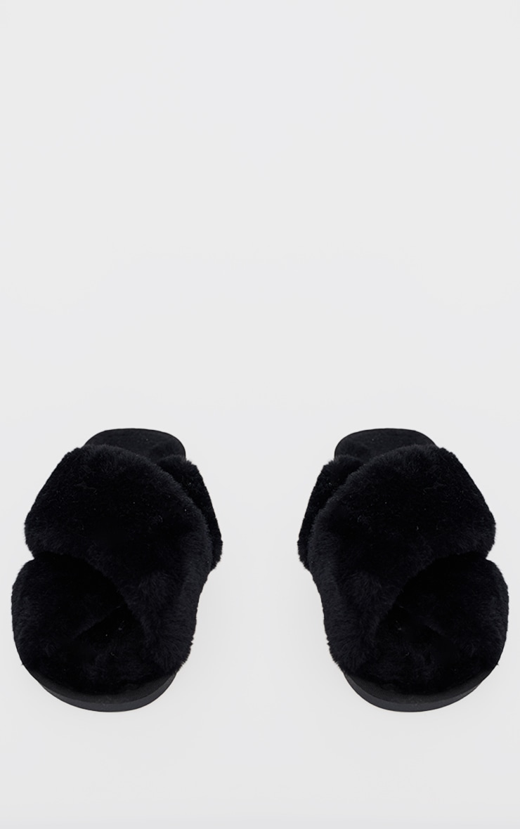 Black Fluffy Cross Strap Slippers image 3