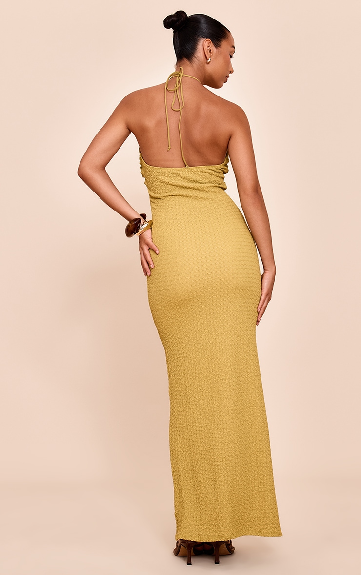 Olive Textured Beaded Detail Halterneck Maxi Dress image 2