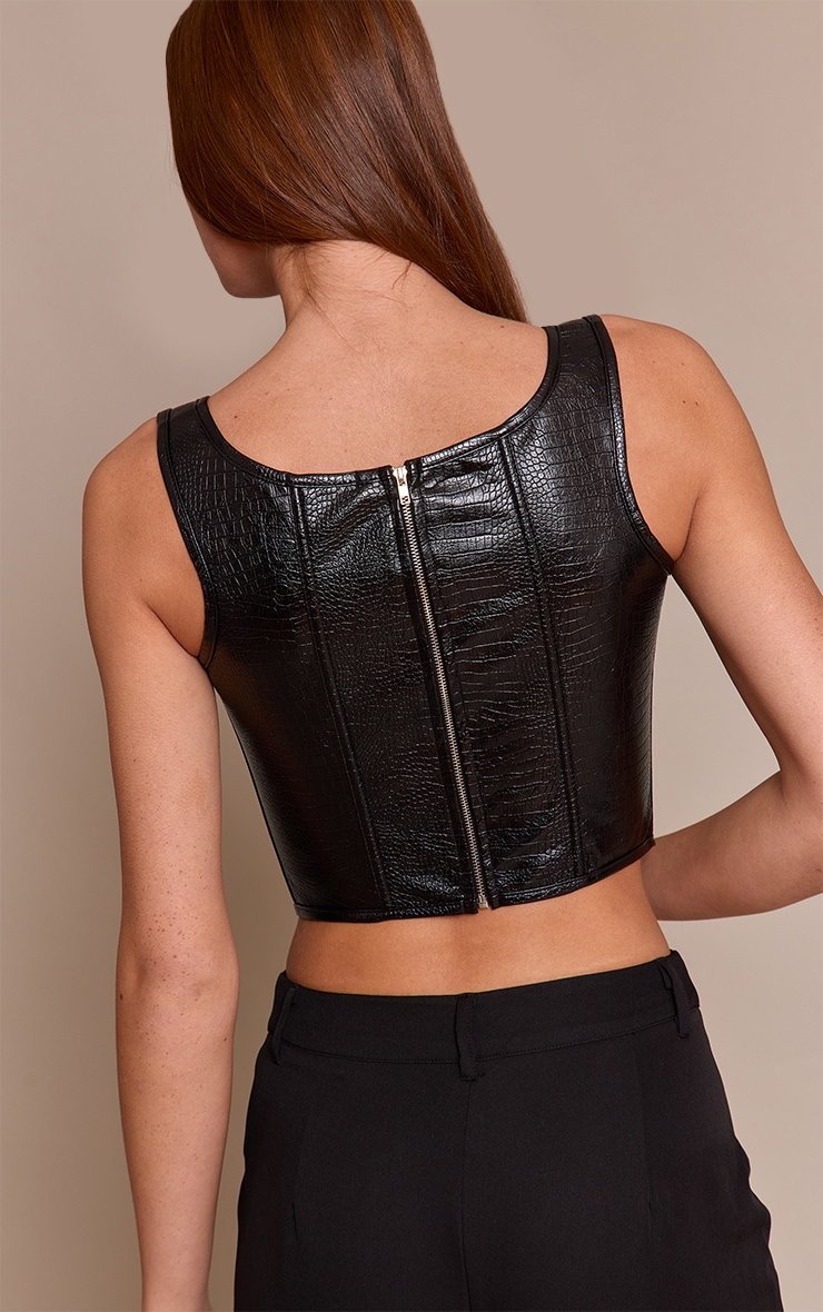 Black Faux Leather Scoop Neck Bonded Corset image 2
