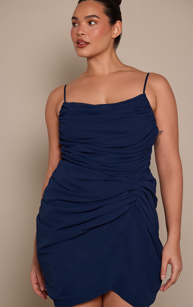 Plus Navy Chiffon Drape Ruched Detail Mini Dress  image 3